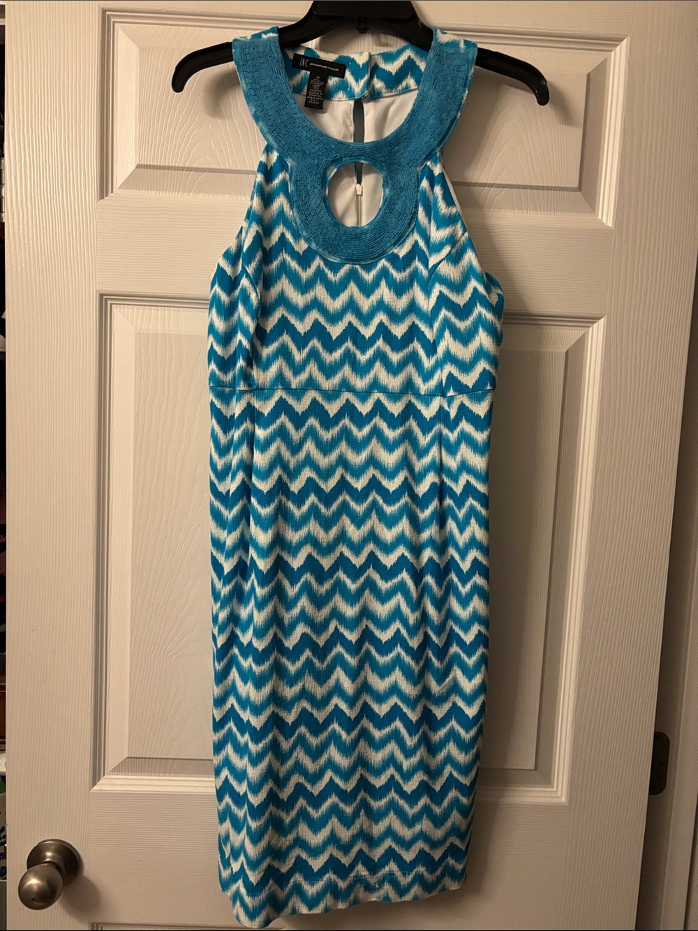 INC International Concepts Teal & White Chevron Halter Sheath Dress